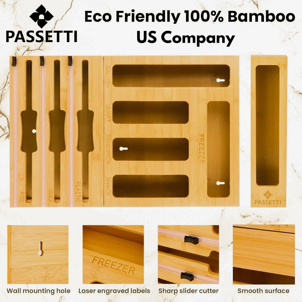 Organizador de Cocina PASSETTI 9 en 1 | Bambú | Bolsas, Papel Aluminio y Plástico con Cortador