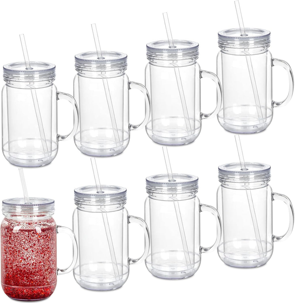 Micellwuu Vasos Snowglobe Acrílicos 20 oz Pack de 8 | Con Asa y Agujero Pretaladrado | Doble Pared Tipo Mason para Glitter DIY Bola de Nieve (Transparente)