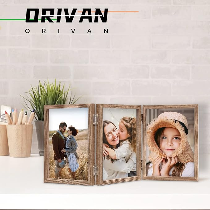 Marco de fotos triple con bisagras de 4x6 para 3 fotos, marcos de fotos plegables con vidrio y soporte vertical, veta de madera