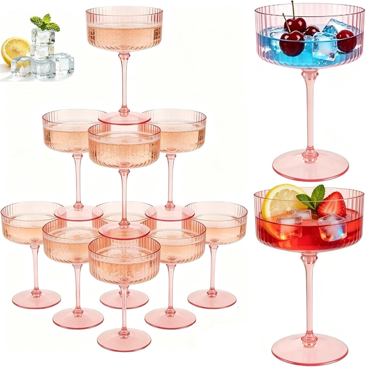 PLULON Juego de 12 copas de champán Martini rosas de 295 ml (10 oz) de plástico acanalado, copas de cóctel, torre de copas de champán, cristalería vintage para margaritas, ideales para clubes, regalos, bodas, despedidas de soltero y eventos al aire libre.