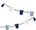 Decoración de ropa de bebé a cuadros azul empolvados, preensamblada, hecha a mano en fieltro, con cuentas de madera, guirnalda de bolas de fieltro de lana para un dulce niño. Ideal para fiestas de baby shower, guarderías y decoración del hogar.