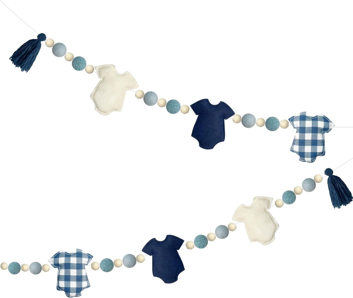 Decoración de ropa de bebé a cuadros azul empolvados, preensamblada, hecha a mano en fieltro, con cuentas de madera, guirnalda de bolas de fieltro de lana para un dulce niño. Ideal para fiestas de baby shower, guarderías y decoración del hogar.