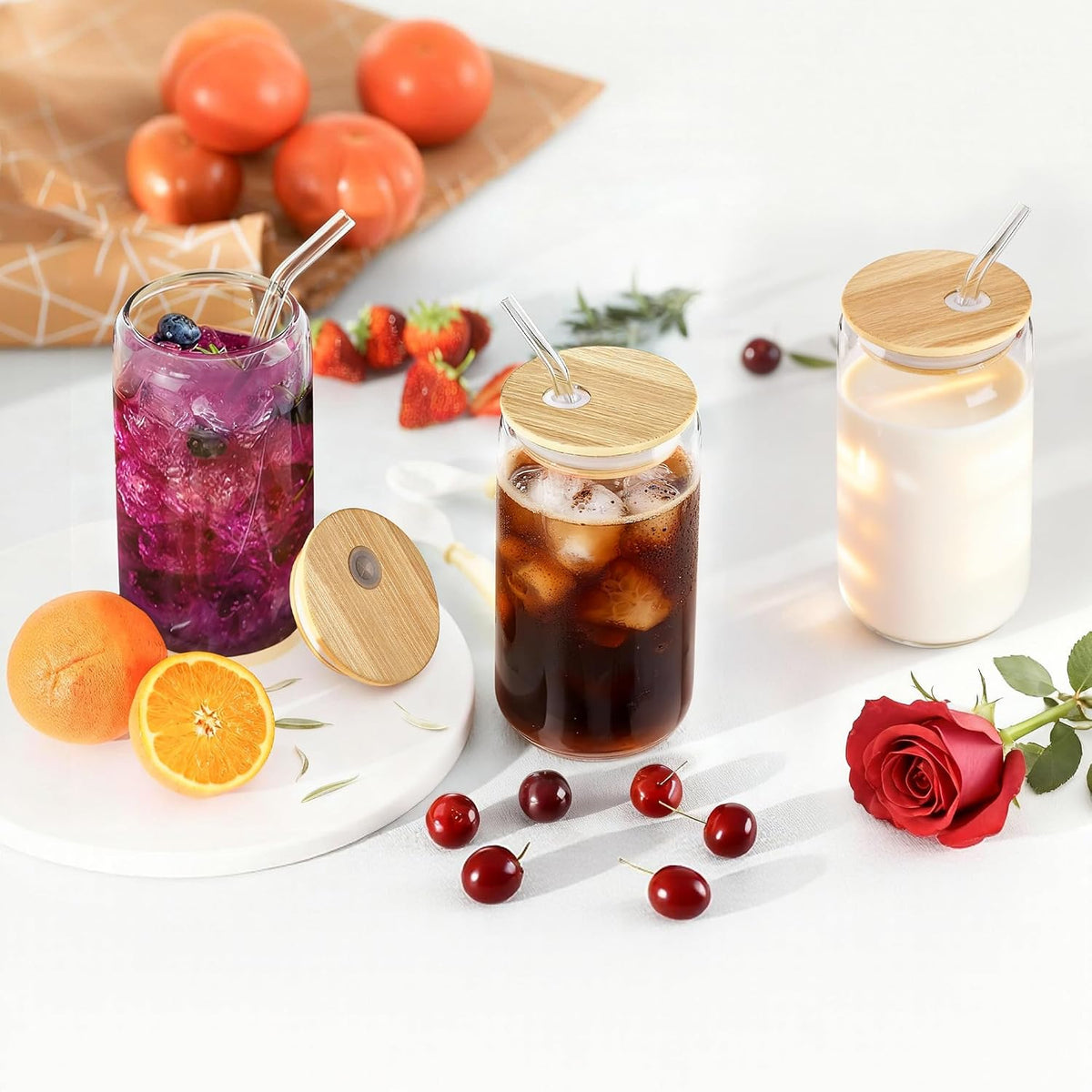 EL SET SOLO INCLUYE LOS 6 VASOS Y 4 PAJILLAS-Vasos de vidrio de 473 ml con tapas de bambú y pajitas de vidrio, juego de 6 vasos para café helado, batidos, té y agua, vasos reutilizables transparentes para accesorios de cafetería en casa.