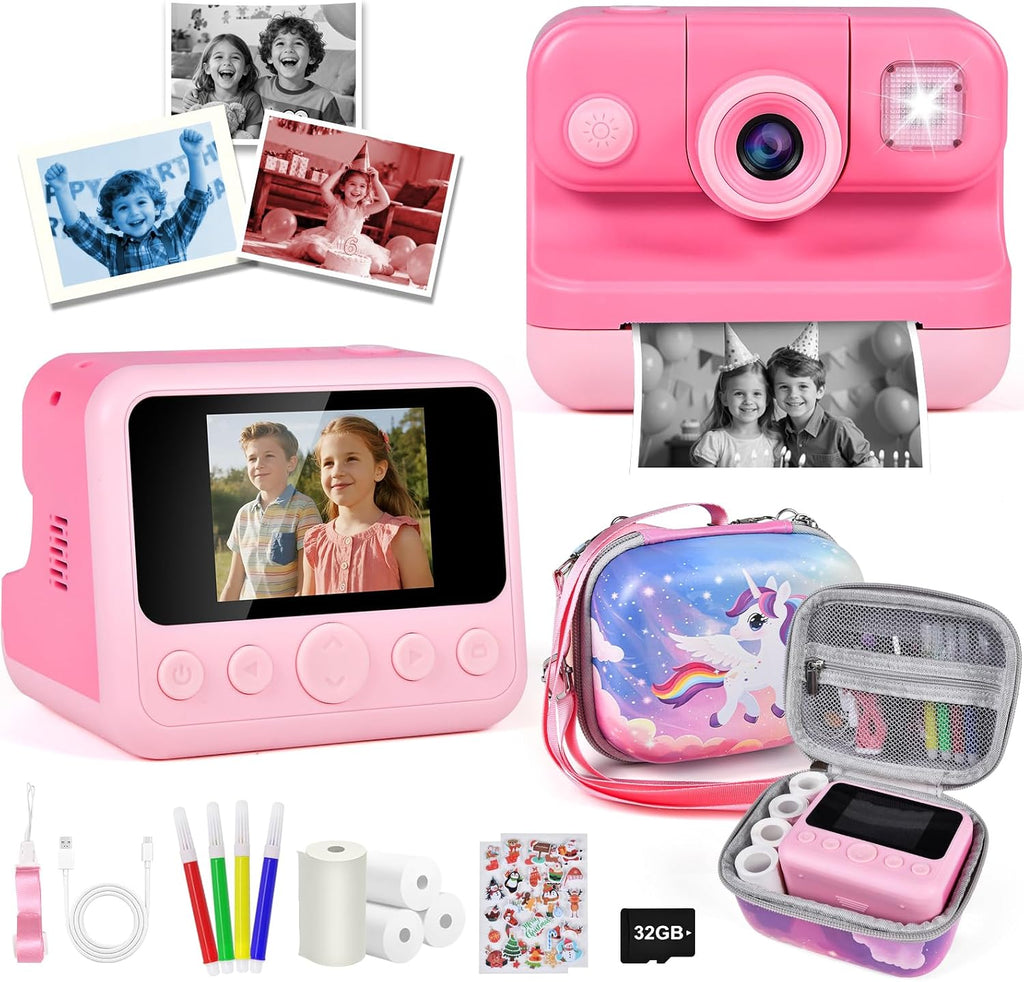 INCOMPLETO-Camara Instantanea para Ninos Elecoutek con Bolso | 1080P HD | 4 Rollos de Papel | Lapices y Tarjeta 32GB | Rosa 3-12 Anos