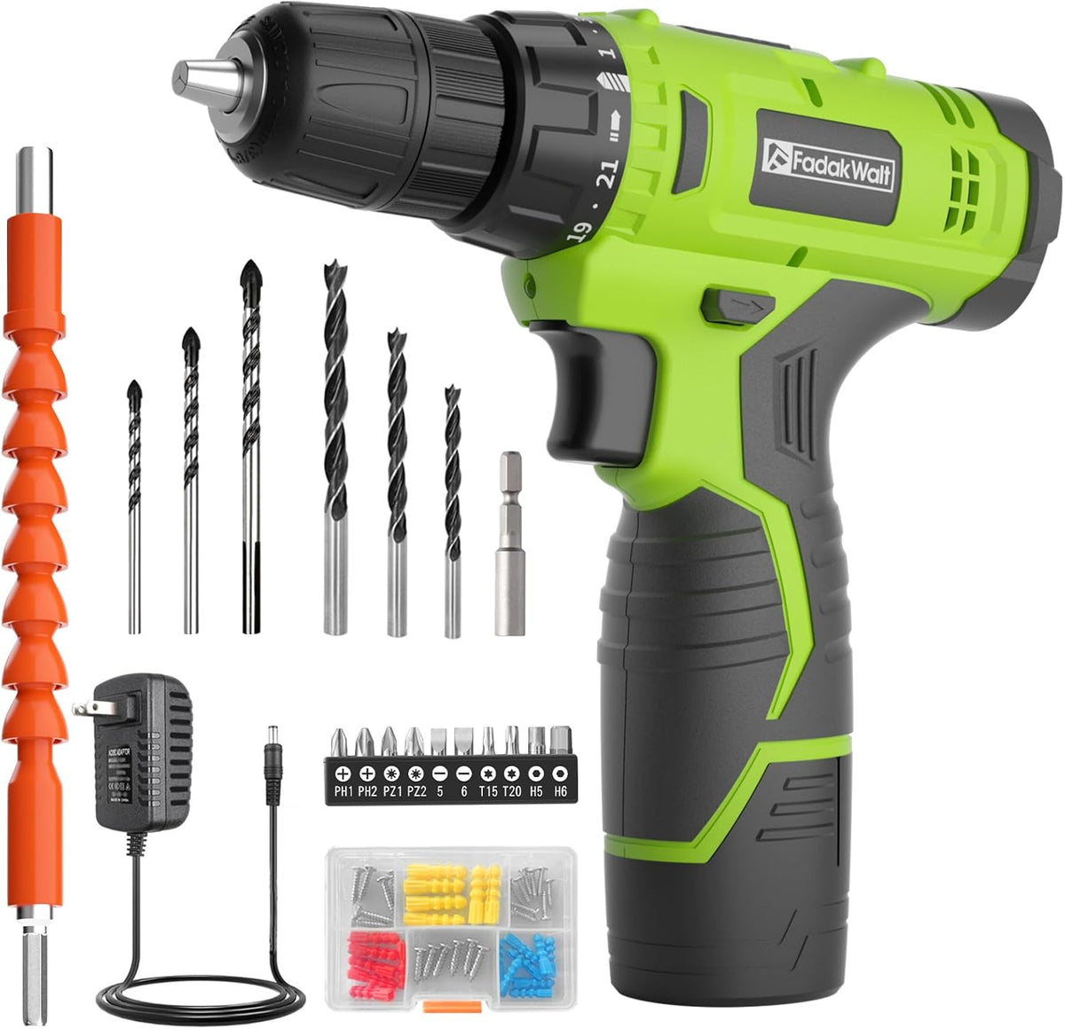 Taladro Inalámbrico FADAKWALT 12V con Batería y Cargador | 21+1 Torques, Chuck 3/8", 180 in-lbs, LED, Verde