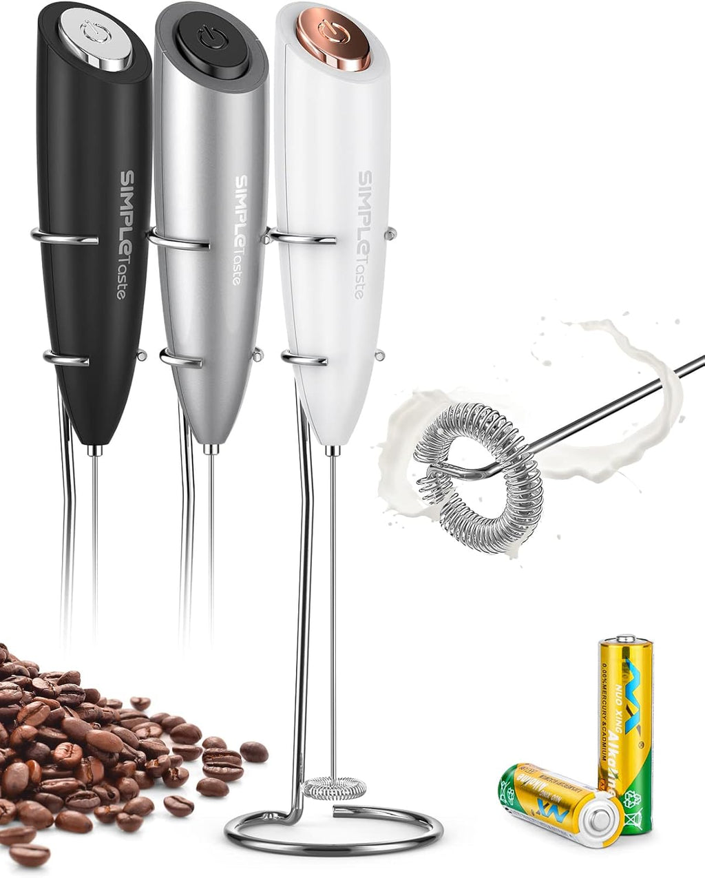 Espumador de Leche SIMPLETASTE — Batidor Eléctrico Manual con Batidor de Acero Inoxidable y Soporte