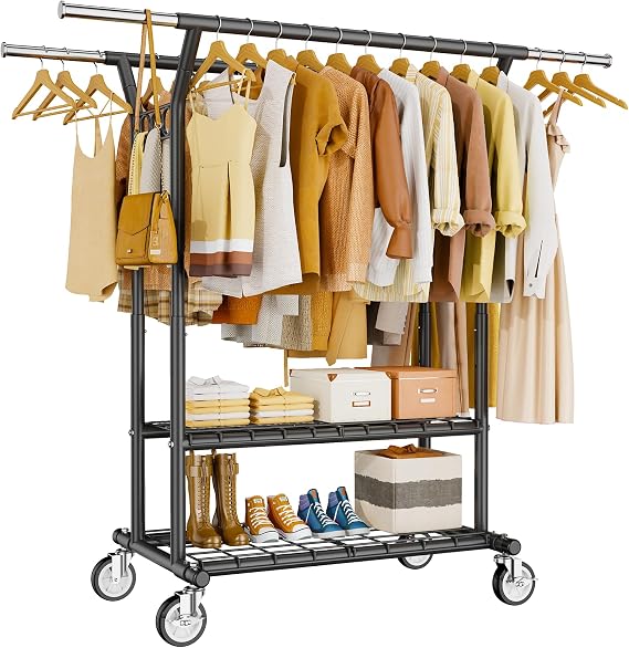 HYSEYY Perchero de ropa resistente, perchero con estantes de carga de 620 libras, perchero de doble barra para colgar ropa, perchero portátil y ajustable con ruedas, color negro