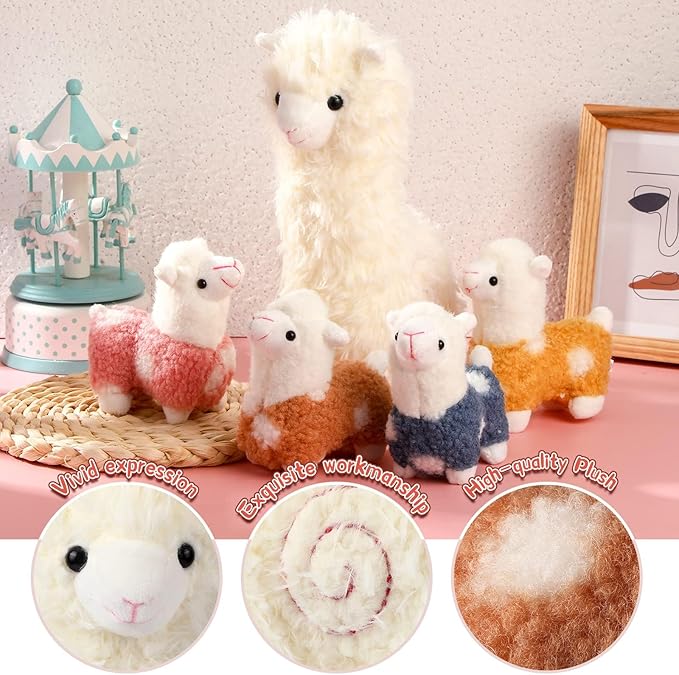 Civaner Animal de peluche de llama con 4 peluches de llama bebé, lindo juego de peluche de alpaca suave Kawaii para niños y niñas, día de la madre, graduación, fiesta de cumpleaños, donación benéfica para decoración del hogar (blanco)