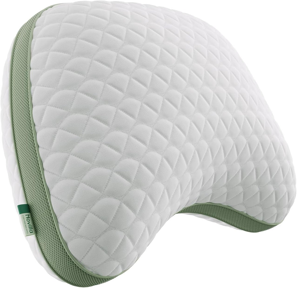 Almohada Novilla Tencel para dormir de lado, ideal para el dolor de cuello y hombros. Diseño curvo en forma de media luna con espuma viscoelástica triturada ajustable. Funda suave como la seda para el cuidado del rostro y el cabello. Tamaño Queen.