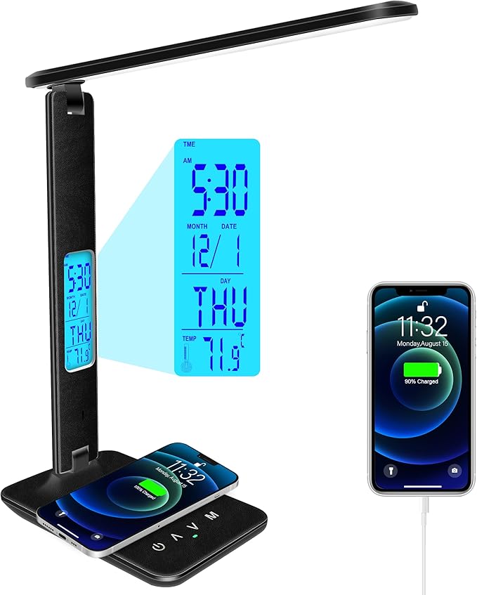 Lámpara de Escritorio snsok PRO – Cargador Inalámbrico, Puerto USB, Reloj, Alarma y Temperatura | Negro