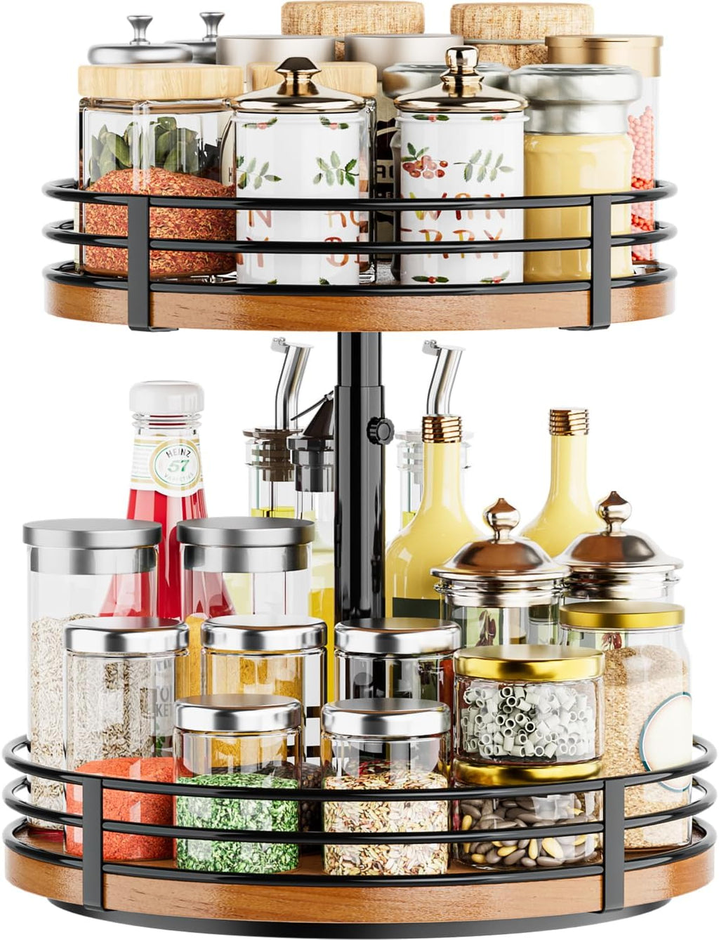 Organizador giratorio ajustable Lazy Susan - Estante giratorio de madera de 2 niveles para especias de 30 cm (12 pulgadas) para encimera de cocina, armario, despensa, mesa de comedor, baño, barra de café y almacenamiento en el hogar.