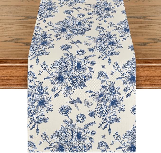 Artoid Mode - Camino de mesa floral azul marino primaveral chinoiserie, decoración de mesa de cocina y comedor estacional de verano para decoración de fiesta en el hogar, 13 x 72 pulgadas