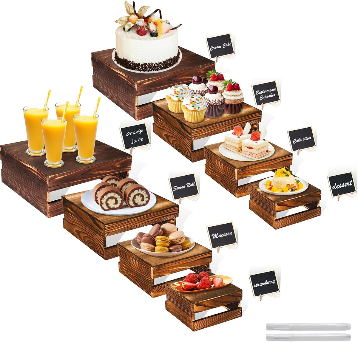 8 soportes para buffet con mini letreros, soportes rústicos de madera para pasteles, elevadores de comida para mesa de buffet, soporte para exhibición de postres, cajas de madera, soporte rústico para pasteles para fiestas, bodas, cumpleaños, baby