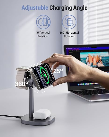 Estación de Carga Inalámbrica 3 en 1 Augnner – Qi2.2 25W Certificado, MagSafe, Enfriamiento Activo TEC, Para iPhone, Apple Watch y AirPods