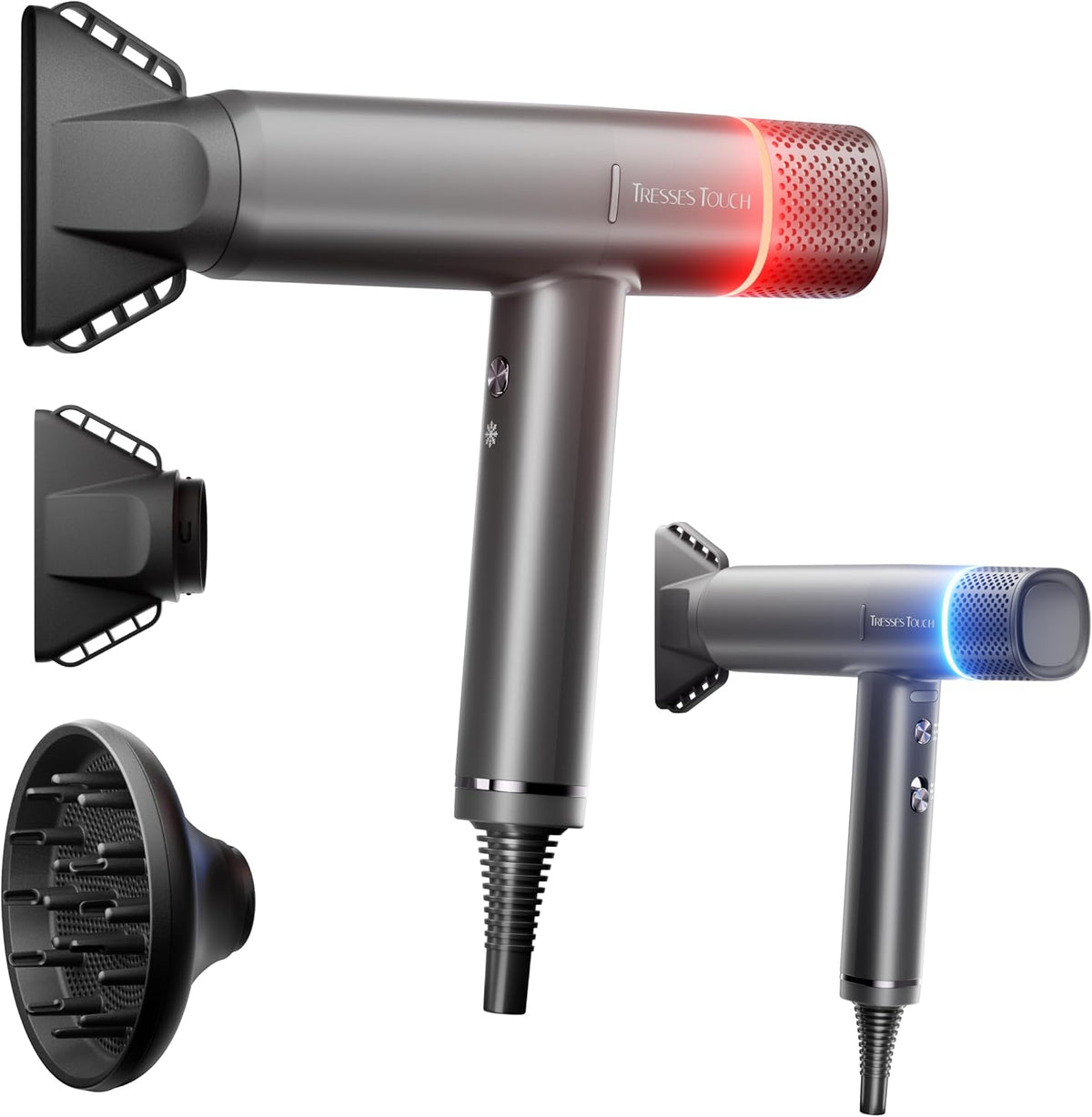 Secador de pelo iónico con difusor y concentrador, secador profesional ligero y silencioso, potente motor de 1600 vatios para un secado rápido y para cabello liso y ondulado, 3 temperaturas/2 velocidades, cable de 2 metros, color gris.