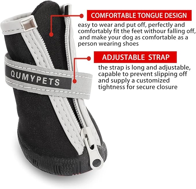 QUMY - Botas para perros pequeños y cachorros, impermeables, para la nieve del invierno, con franja reflectante, suaves y cómodas, con suela de goma antideslizante, color negro, 4 unidades Visita la tienda de QUMY