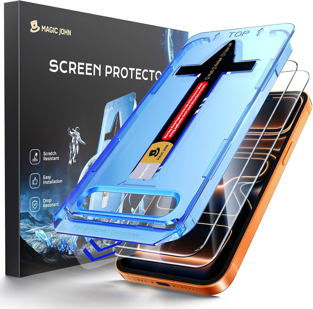 MAGIC JOHN 2 Pack Protector de Pantalla de Vidrio Templado para iPhone 17 Pro Max 6.9 Pulgadas | Auto Eliminacion de Polvo, Sin Burbujas, HD, Facil Instalacion