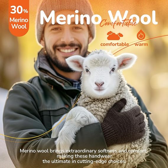 Guantes de lana merina para hombres y mujeres, forro térmico con pantalla táctil, guantes cálidos de punto suave para invierno, correr y hacer senderismo