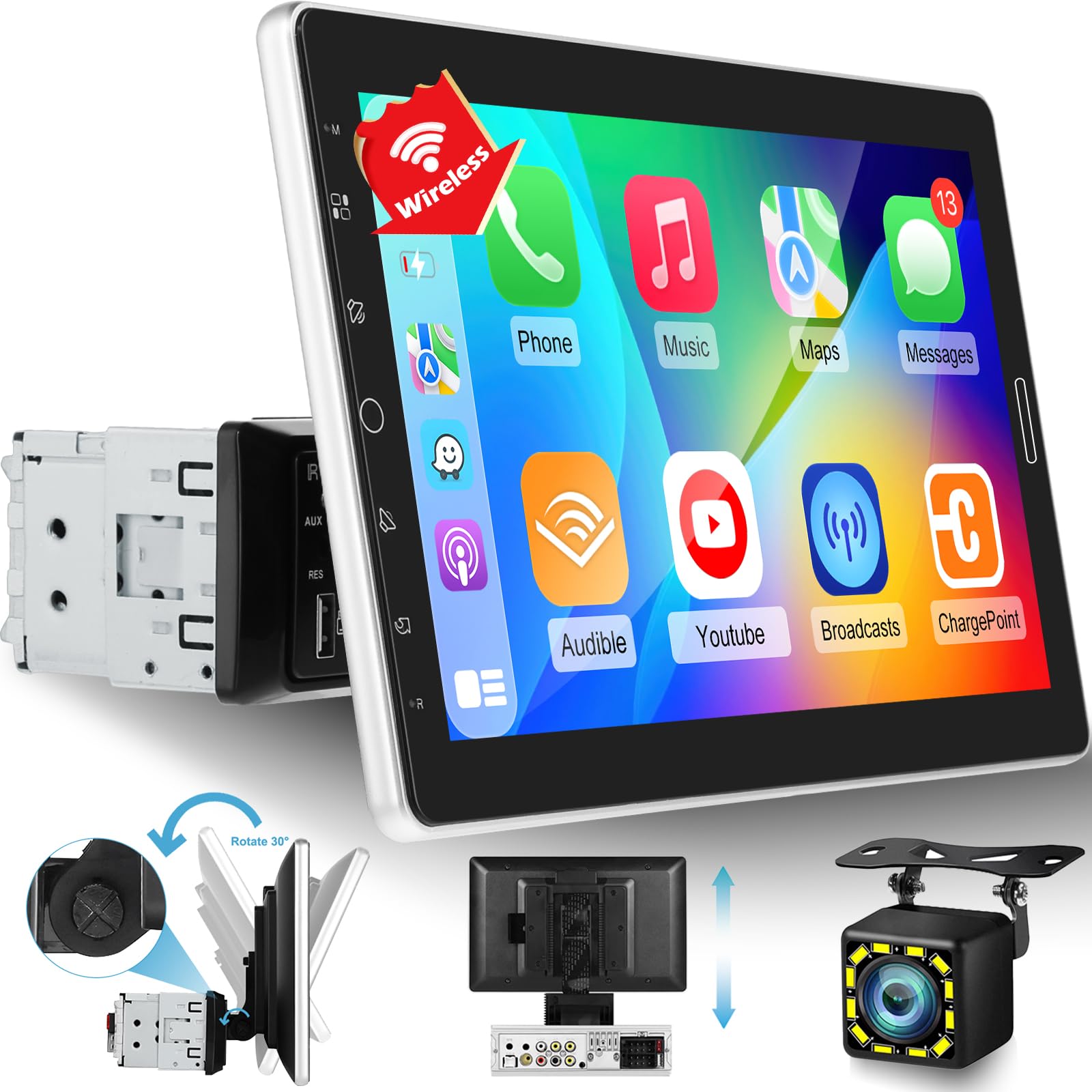 Radio Pantalla Táctil 10.1" Single Din para Auto – CarPlay Inalámbrico, Android Auto, Bluetooth, Cámara de Reversa y Micrófono