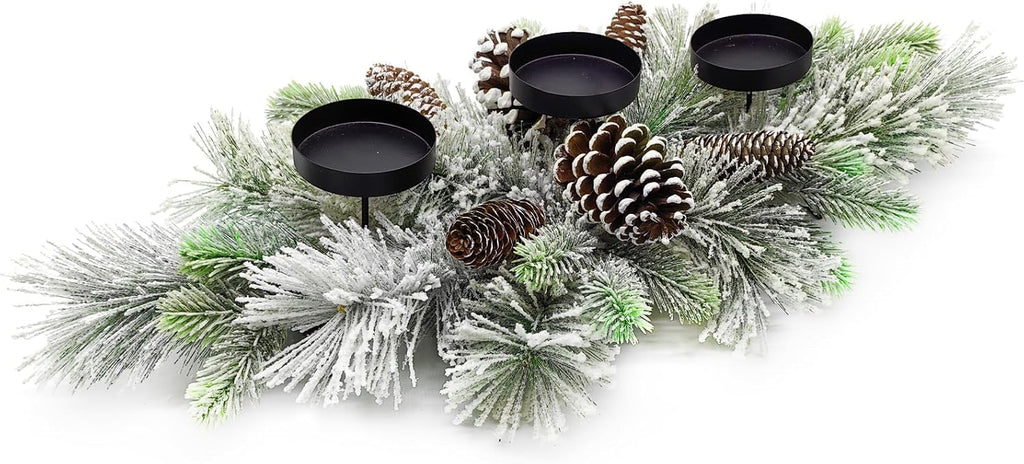 Centros de mesa navideños de 27,5 pulgadas con agujas de pino flocadas y piñas escarchadas para repisa de mesa (nevado) 