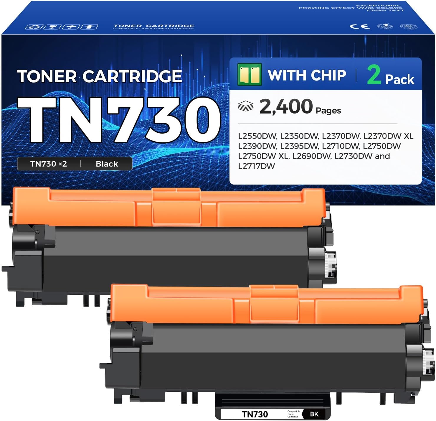 TN730 Toner Cartridge Black 2-Pack Printer Replacement Compatible for Brother TN-730 TN760 TN-760 MFC-L2710DW MFC-L2750DW DCP-L2550DW HL-L2350DW HL-L2395DW HL-L2370DW HL-L2390DW MFC-L2690DW HL