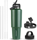 Botella de agua isotérmica HYDROWION de 1,2 litros (40 oz), soporte para botella de agua para coche - Botella de viaje con doble pared y aislamiento al vacío, con tapa de pajita, tapa con boquilla y tapón flexible - Mantiene el frío durante 24 h, el
