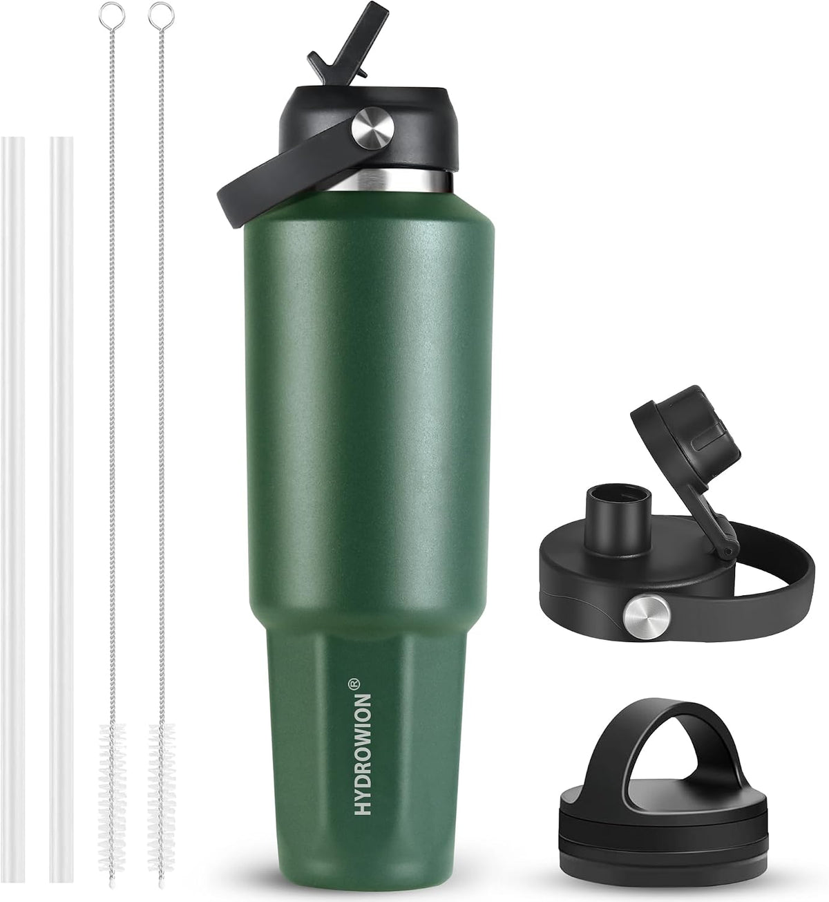 Botella de agua isotérmica HYDROWION de 1,2 litros (40 oz), soporte para botella de agua para coche - Botella de viaje con doble pared y aislamiento al vacío, con tapa de pajita, tapa con boquilla y tapón flexible - Mantiene el frío durante 24 h, el