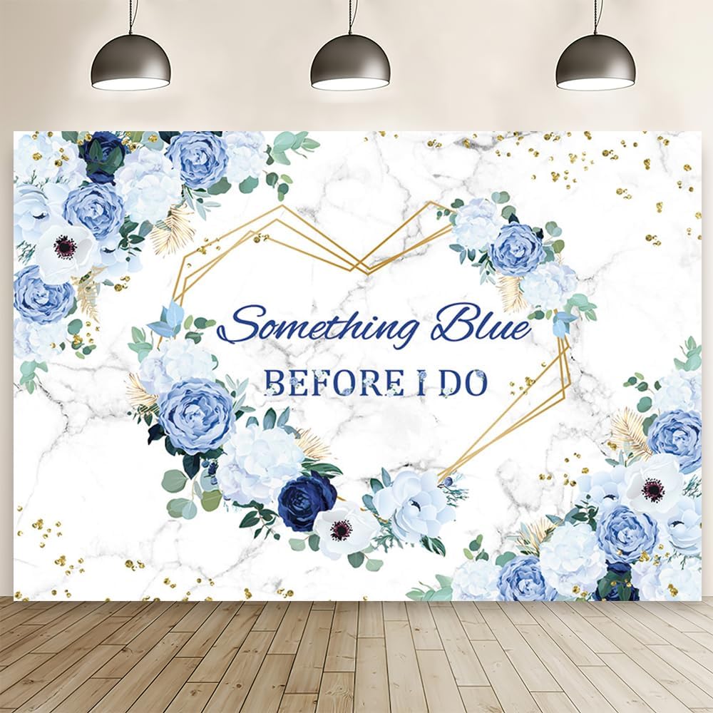 AIBIIN 8x6 pies Algo azul antes de hacer un regalo Fondo floral para despedida de soltera Flores azules y blancas Fondo fotográfico Corazones Pareja geométrica Banner de boda Compromiso Accesorios