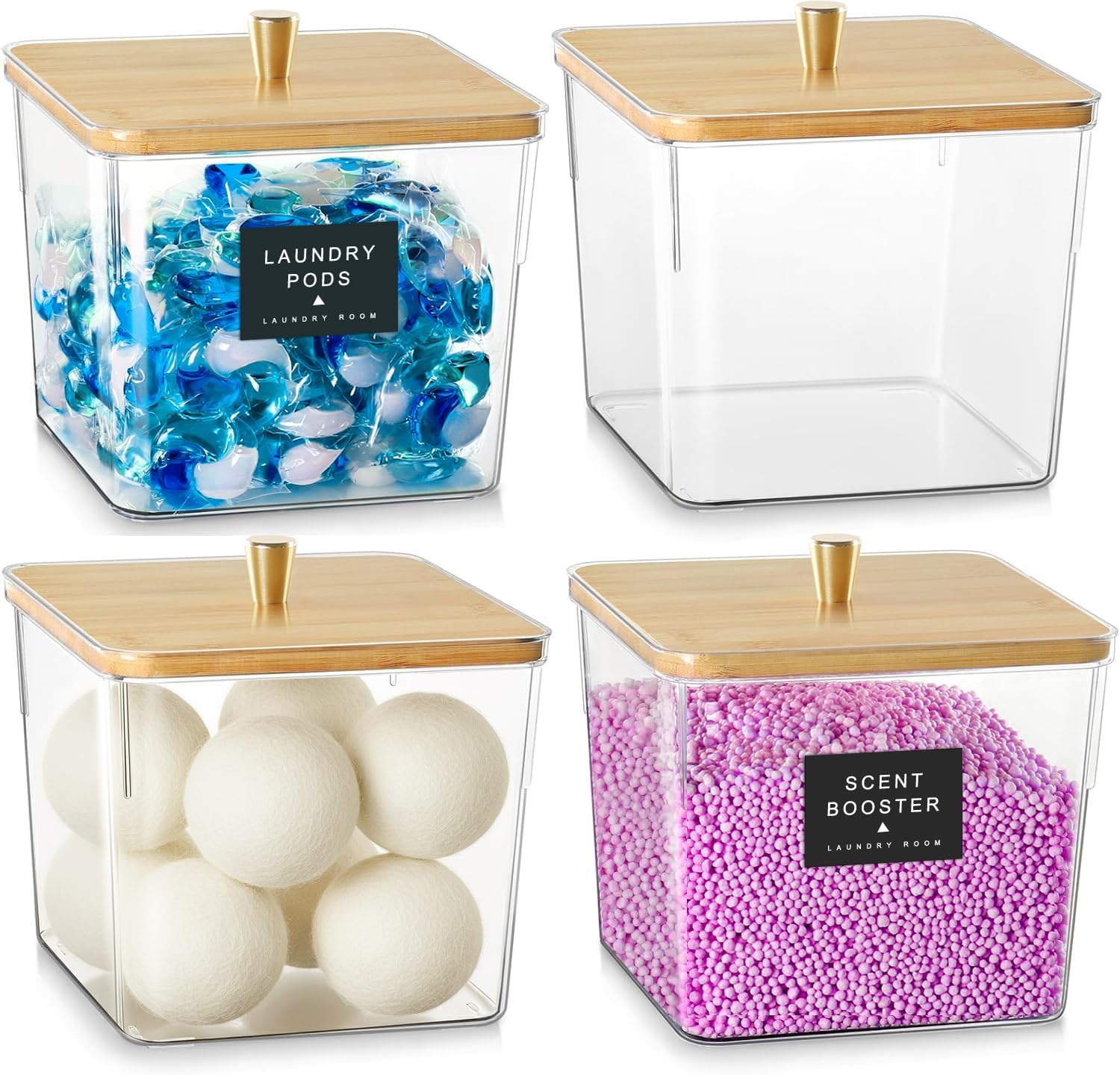 4 Pack Laundry Detergent Container, Clear Laundry Room Organization Containers, Large Laundry Detergent Powder Storage Organizer, Acrylic Laundry Detergent Jars Wooden Lids with Scoop