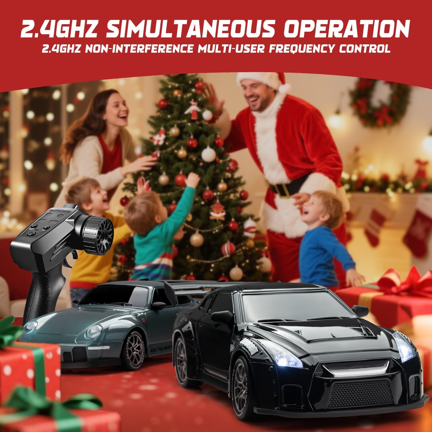 Auto RC Drift a Control Remoto Escala 1:24 – Luces LED, 2.4GHz, 20 km/h, 4WD, Llantas Drift y 2 Baterías, Color Negro