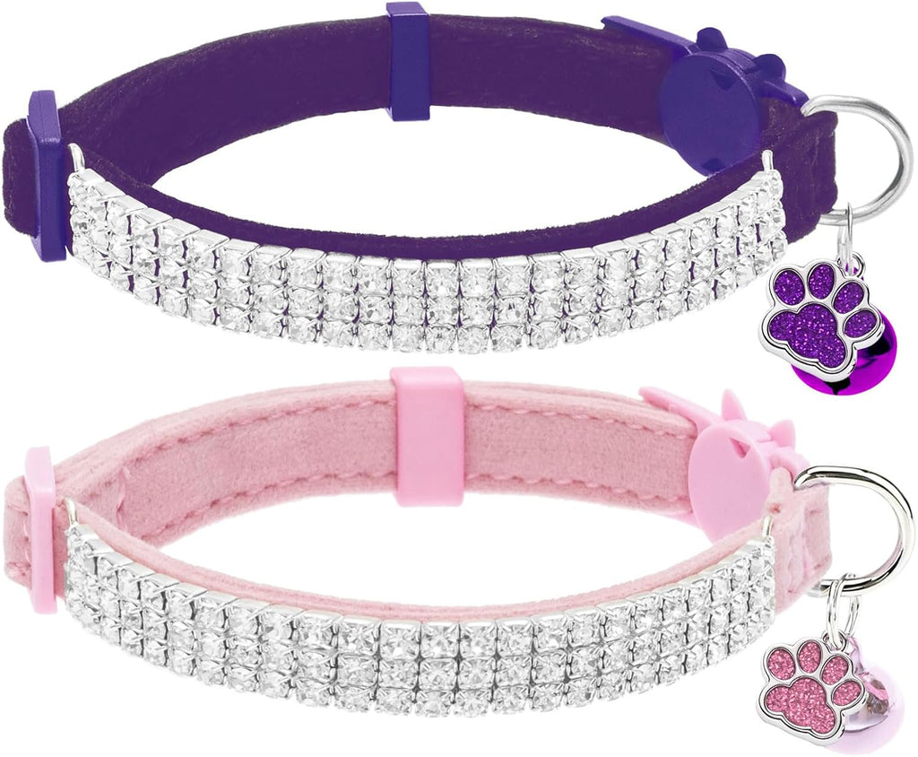 Collares de Terciopelo Suave EXPAWLORER para Gatos — Pack de 2 con Diamantes, Cascabel y Cierre de Seguridad — Ajustables para Gatos y Perros Pequeños