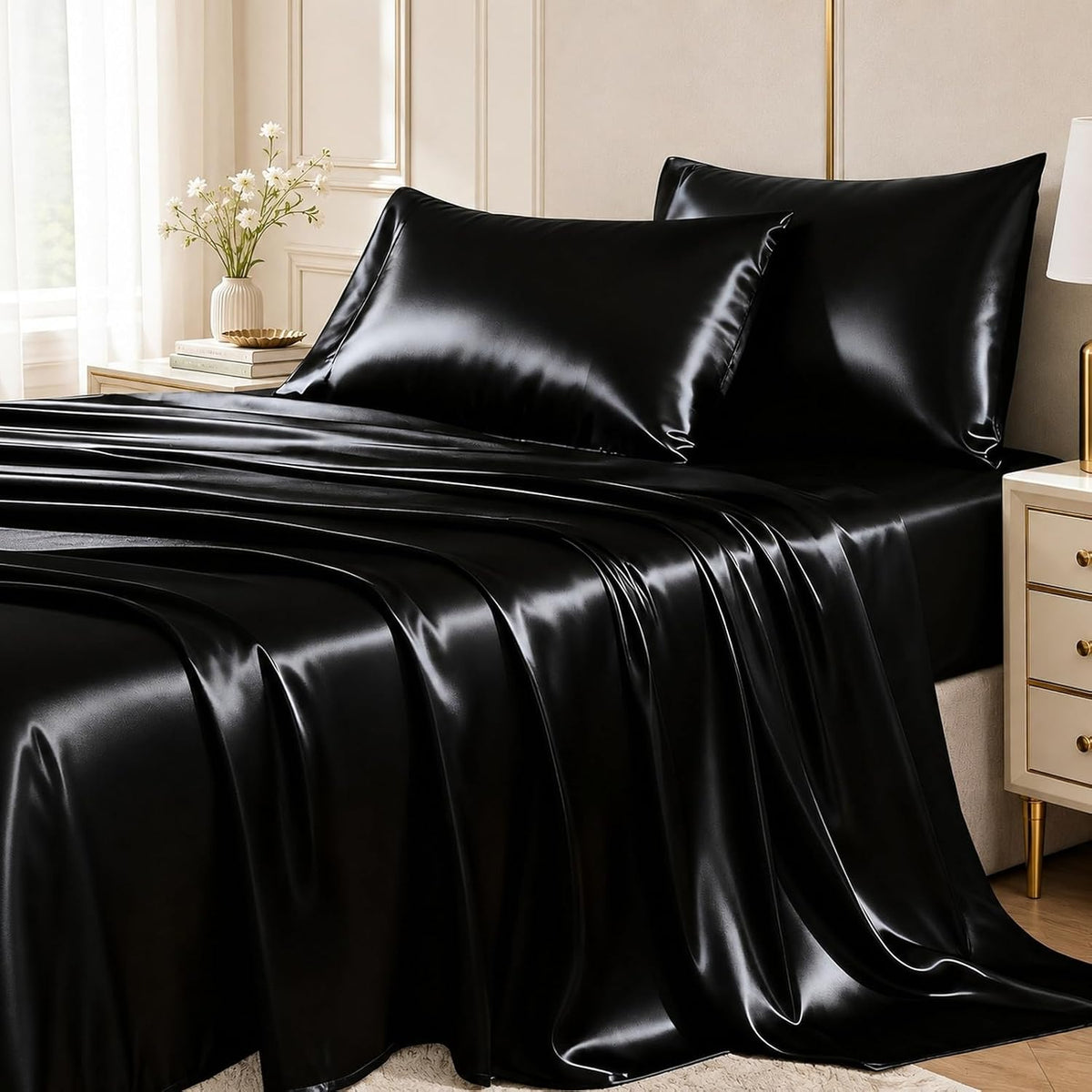 Juego de sábanas de satén CozyLux tamaño Queen - Ropa de cama suave y sedosa similar a la seda, juego de 4 piezas para el cabello y la piel, bolsillo profundo con elástico alrededor, decoración para el hogar y el dormitorio, color negro.