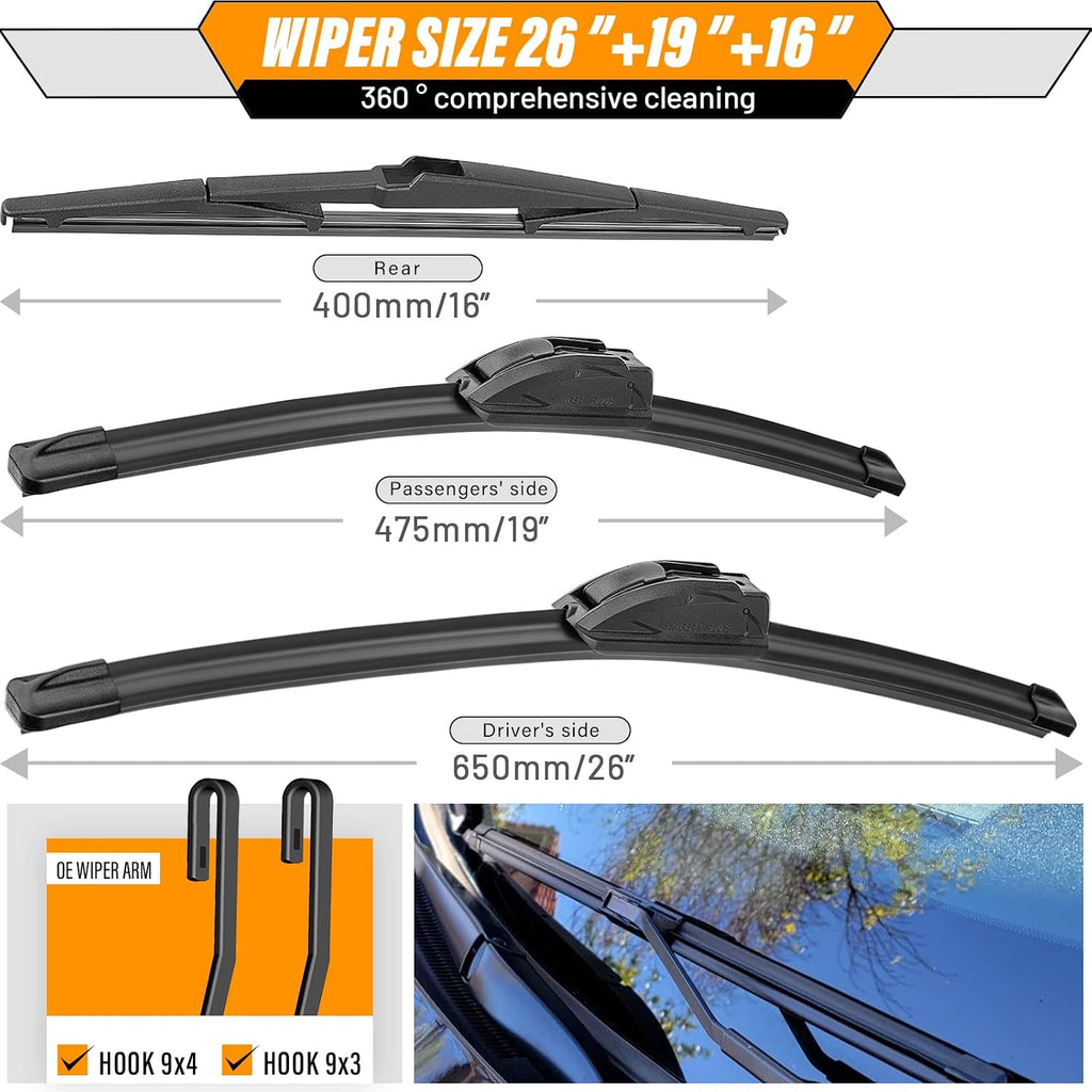 Juego de limpiaparabrisas AUTOBOO de 26" + 19" con limpiaparabrisas trasero de 16" para Toyota Prius 2010 2011 2012 2013 2014 2015 - Calidad original de fábrica (Paquete de 3)