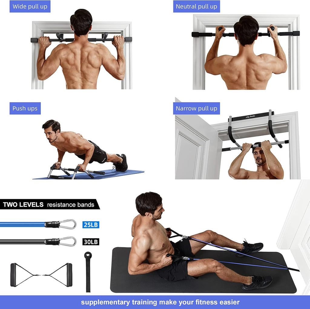 FALTAN LAS 2 PIEZAS REDONDAS COLOR NEGRO-Ally Peaks Barra de dominadas para puerta | Límite máximo de acero grueso de 440 libras para la parte superior del cuerpo | Barra de entrenamiento de fitness para la parte superior del cuerpo
