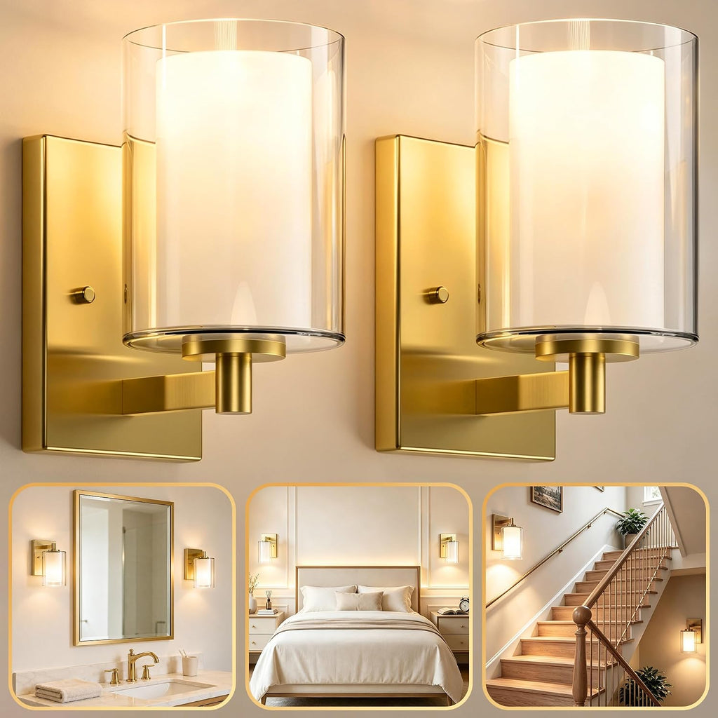Juego de dos apliques de pared Kalium para baño, dormitorio, sala de estar, pasillo, escalera interior y espejo. Lámparas de tocador modernas de estilo rústico con pantalla de doble cristal y base de metal dorado inoxidable, casquillo E26.