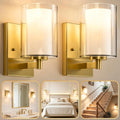 Juego de dos apliques de pared Kalium para baño, dormitorio, sala de estar, pasillo, escalera interior y espejo. Lámparas de tocador modernas de estilo rústico con pantalla de doble cristal y base de metal dorado inoxidable, casquillo E26.