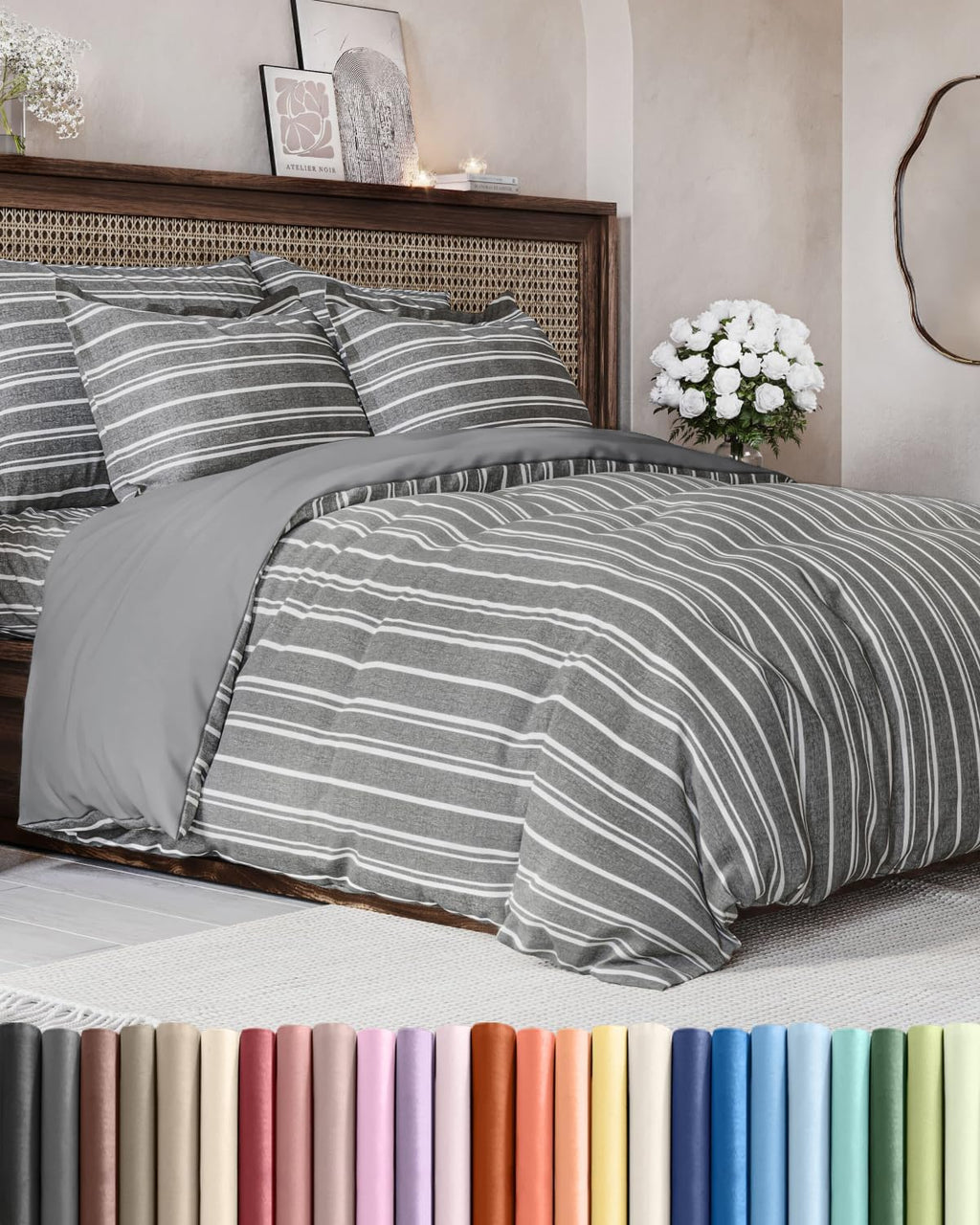 Funda de Edredón Full 3 Piezas con Cierre – Rayas Grises, Ultra Suave y Transpirable, 80" x 90"