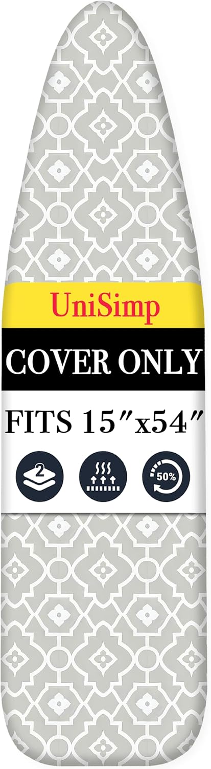 UniSimp Ironing Board Cover and Pad 15"x54" Extra Thick Natural Cotton, Scorch and Stain Resistant Padding, Standard Size Iron Board Cover with Fasteners Heavy Duty Elastic Edge, Heatproof Geometric