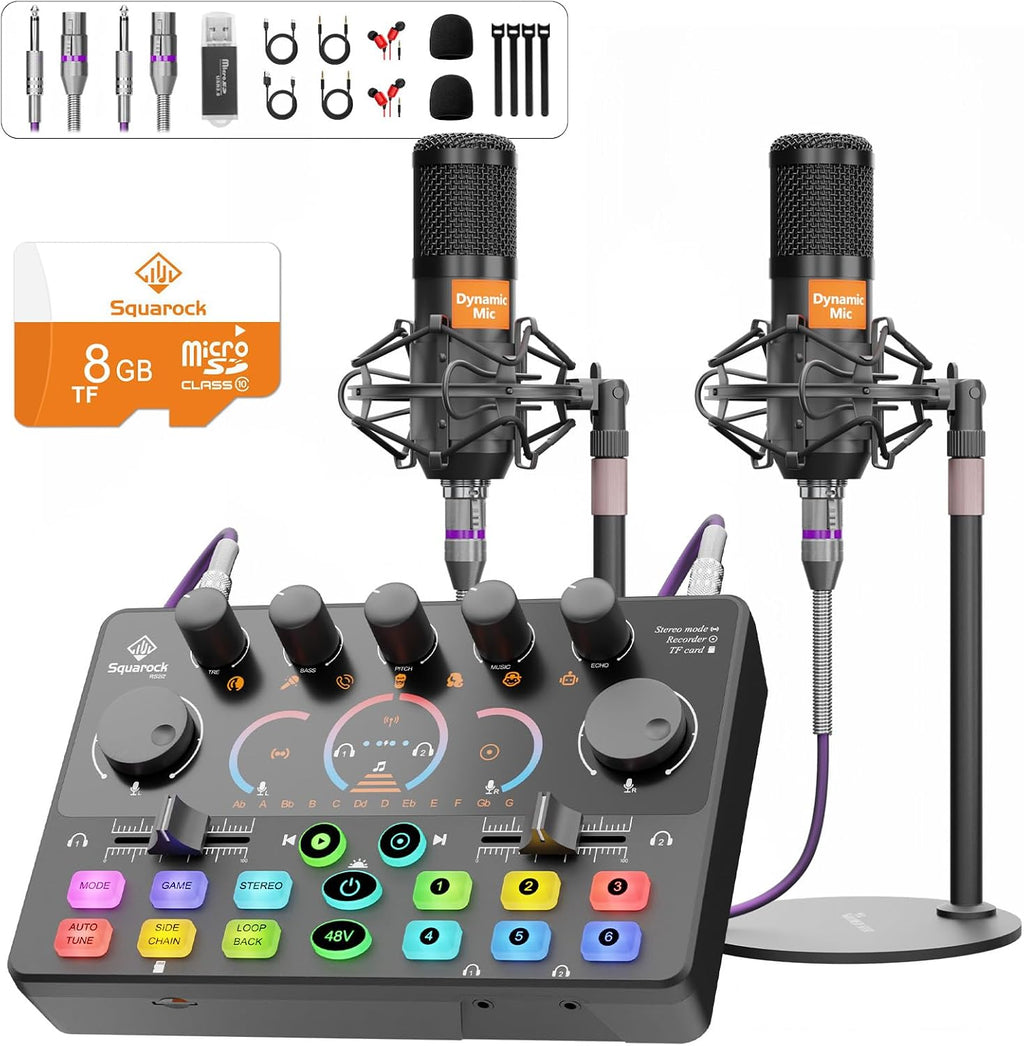 Paquete de equipo para podcast para 2 personas, mezclador de audio con tarjeta de memoria de 8 GB y micrófonos dinámicos, RGB, grabadora integrada, botón de personalización, estéreo para grabación de voz, podcasting, cámara de streaming, PC, teléfono