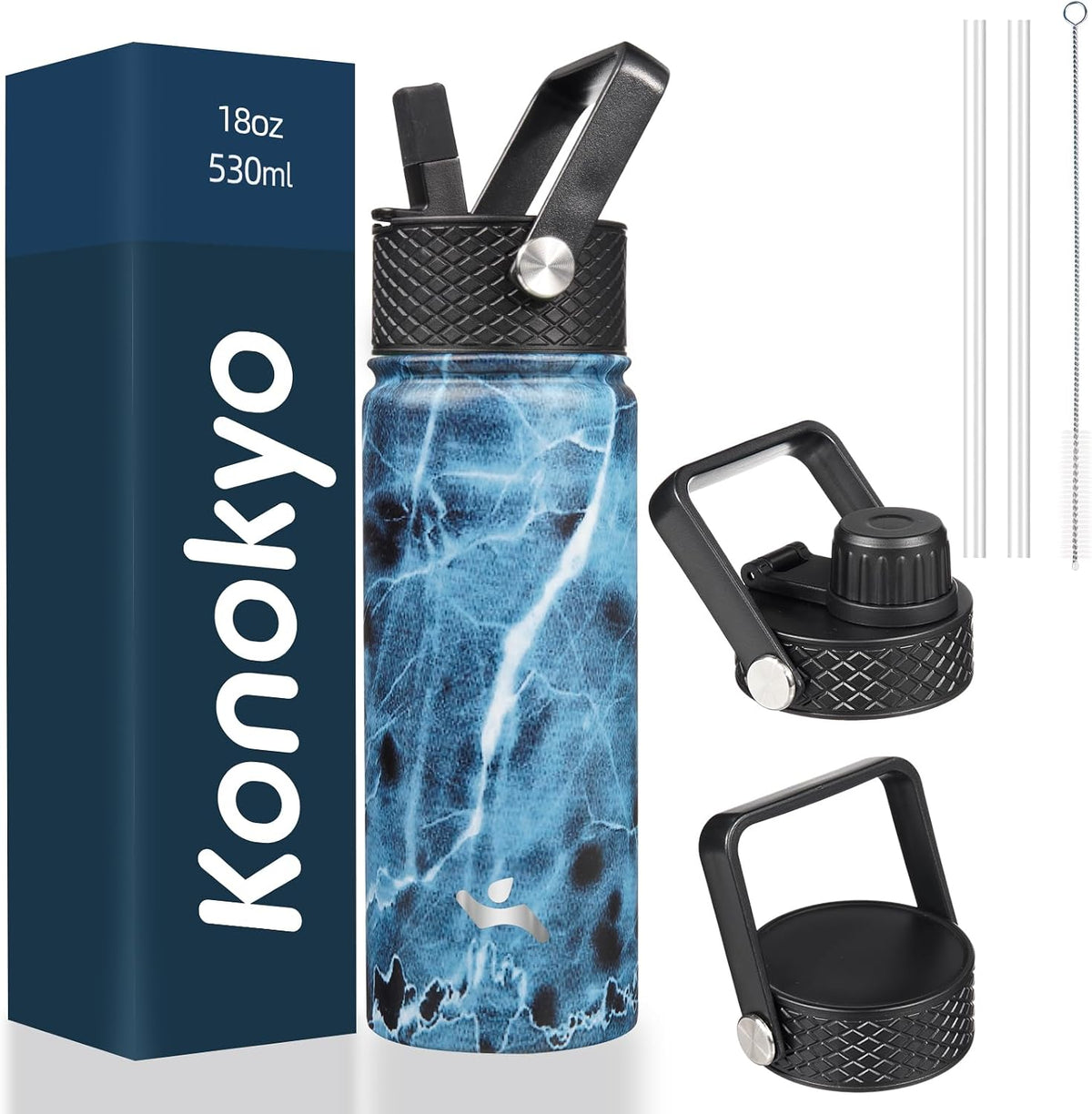 Botella de Agua Konokyo 18oz de Acero Inoxidable con Tapa y Popote, Diseño Marble Ocean, Sin BPA