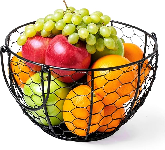 Cesta redonda de alambre para frutas, cuenco de frutas negro para cocina con asa, almacenamiento para el hogar, verduras, huevos, aperitivos, decoración de artículos para el hogar