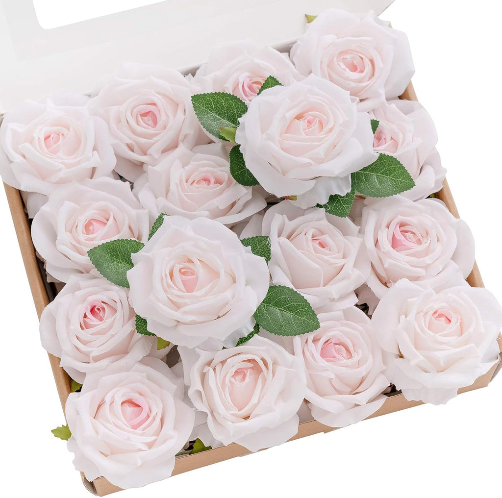 Flores artificiales Ling's moment, 16 rosas de seda rosa pálido con tallos, rosas Vendela falsas de 8,9 cm (3,5") estilo shabby chic, paquete a granel para ramos de boda, centros de mesa, fiestas, baby showers y decoración del hogar.