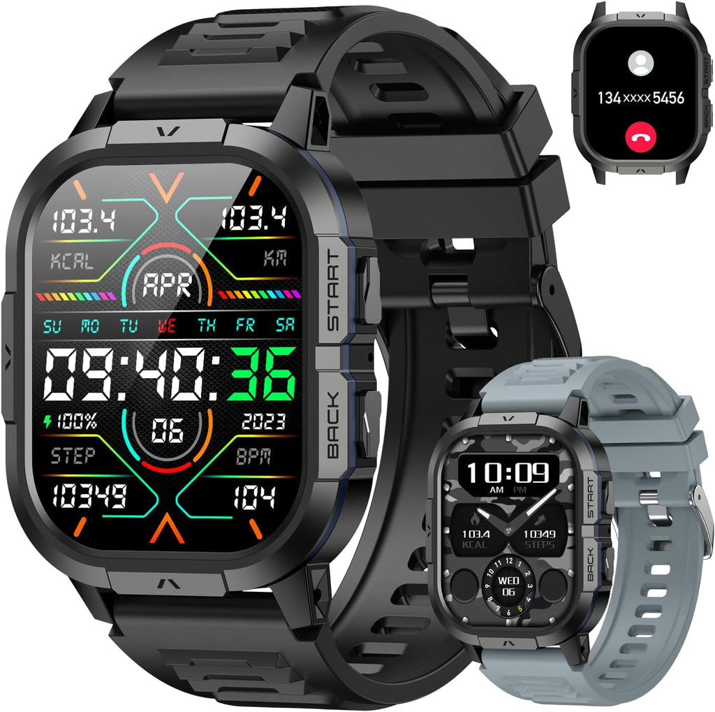 Reloj inteligente para hombre con rastreador de actividad física: militar, resistente al agua, para responder llamadas, digital, para correr, podómetro, compatible con teléfonos Android, iPhone y Samsung, monitor de ritmo cardíaco y SpO2. 