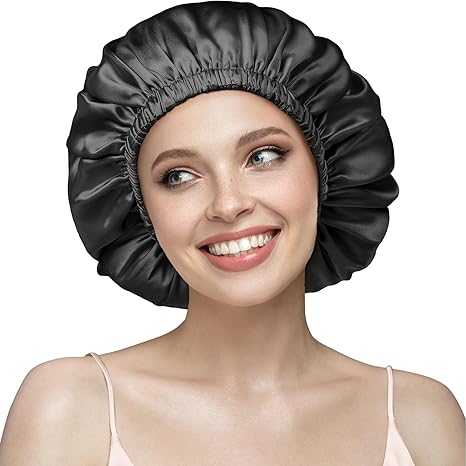 YFONG Gorro de doble capa 100% seda para mujer, 22 Momme pura seda de morera con banda elástica ajustable que se mantiene en la cabeza, reduce el encrespamiento, mantiene el peinado, suave y transpirable, negro.