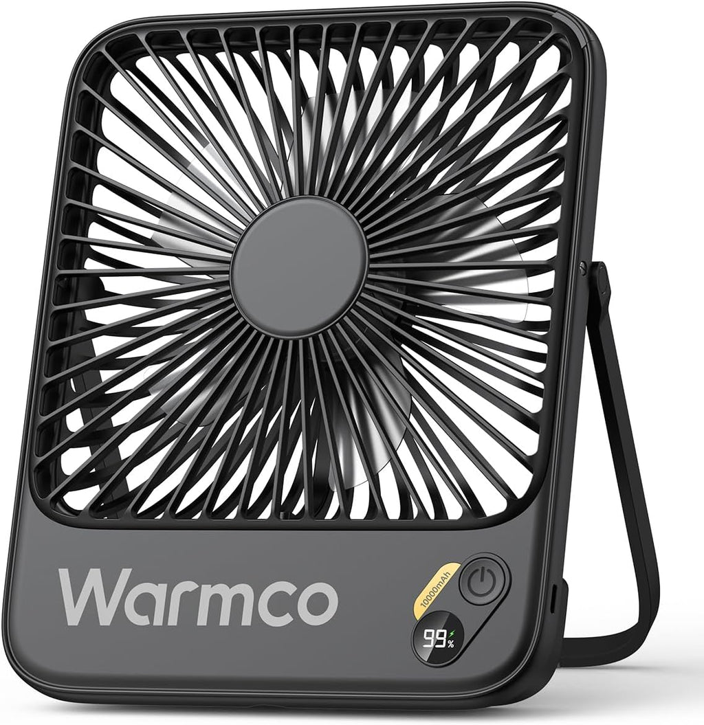 Ventilador portátil de viaje Warmco de 10000 mAh, 7 pulgadas, hasta 24 horas de funcionamiento, ultradelgado, silencioso, recargable, con pantalla digital, ideal para camping, oficina, dormitorio y cruceros.