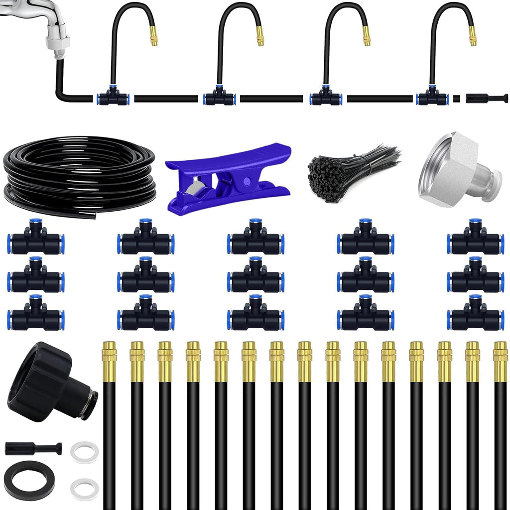 Kit de Riego por Goteo 49.21ft 360° – Sistema Automático con Boquillas Ajustables, Tubo 5/16", Jardín e Invernadero