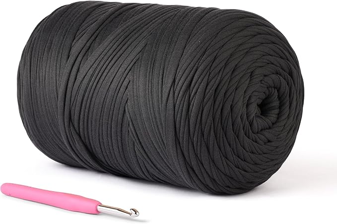 Hilo para Camiseta de Punto OMoiut 800g/228m — 100% Poliéster Elástico Gris Carbón | Incluye 16 Ganchos de Tejer