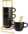 Juego de 3 tazas de café apilables de porcelana YHOSSEUN con soporte, tazas de espresso con cucharas para remover, tazas de café de 325 ml (11 oz) para latte, macchiato, café moca, color negro.