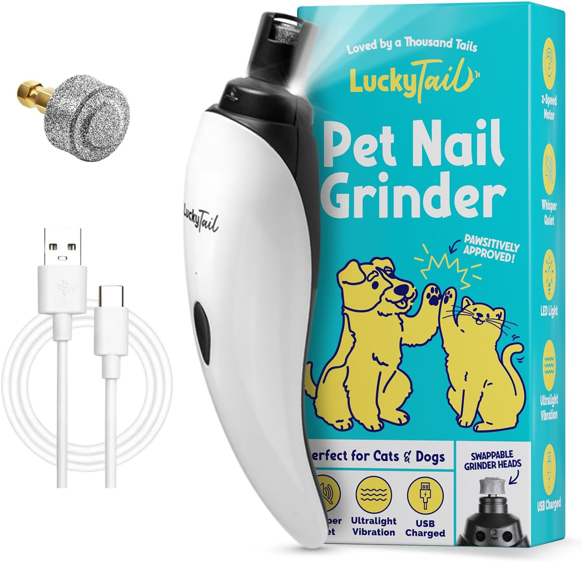 Lima de uñas LuckyTail para perros y gatos: lima de uñas eléctrica súper silenciosa y de baja vibración con 2 luces LED, recargable por USB e inalámbrica, 2 velocidades, para mascotas pequeñas y grandes.