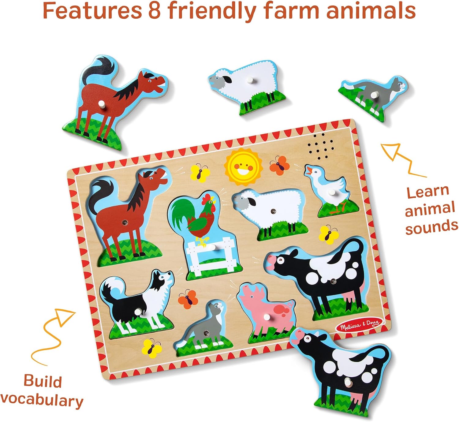 MELISSA & DOUG - Puzzle 2 Años Animales de la Granja con Sonidos, Puzzle de Madera de Fácil Agarre, Rompecabezas Niños, 6074879, Juguetes Montessori